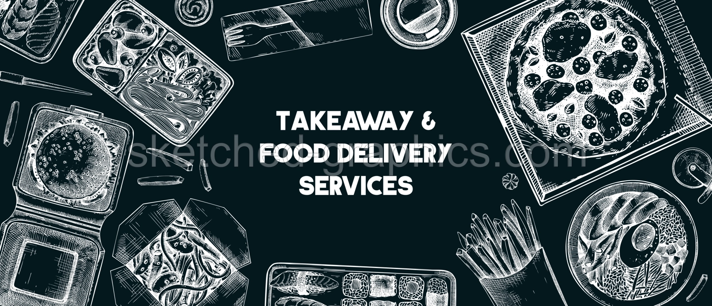 Takeaway and food delivery frame. Hand drawn vector illustration on chalkboard. Takeout food in paper box, fast food menu design. Pizza, burger, coffee, noodles, poke, sushi sketch Illustration